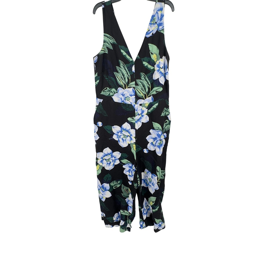 Banana Republic Womens Floral V-Neck Tie-Back Jumpsuit Black Blue Tropical Sz 12